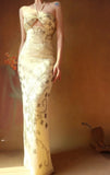 Halter Neck Sheath Long Prom Dresses Chiffon Yellow Evening Gownss Beaded Wedding Guest Dresses HZ1024
