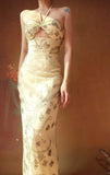 Halter Neck Sheath Long Prom Dresses Chiffon Yellow Evening Gownss Beaded Wedding Guest Dresses HZ1024