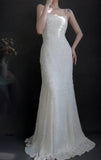 Spaghetti Strap Sheath Long Prom Dresses Chiffon Beaded White Evening Dresses HZ1024