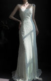 Spaghetti Strap Sheath Long Prom Dresses Chiffon Beaded White Evening Dresses HZ1024