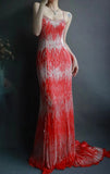 Spaghetti Strap Mermaid Long Prom Dresses Chiffon Beaded Red Evening Dresses HZ1024