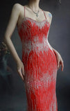 Spaghetti Strap Mermaid Long Prom Dresses Chiffon Beaded Red Evening Dresses HZ1024