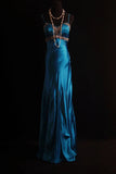 Spaghetti Strap Sheath Long Prom Dresses Satin Blue Evening Dresses HZ1024