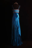 Spaghetti Strap Sheath Long Prom Dresses Satin Blue Evening Dresses HZ1024