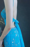 Spaghetti Strap Sheath Long Prom Dresses Beaded Chiffon Blue Evening Dresses HZ1024