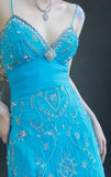 Spaghetti Strap Sheath Long Prom Dresses Beaded Chiffon Blue Evening Dresses HZ1024