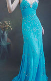 Spaghetti Strap Sheath Long Prom Dresses Beaded Chiffon Blue Evening Dresses HZ1024