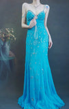 Spaghetti Strap Sheath Long Prom Dresses Beaded Chiffon Blue Evening Dresses HZ1024