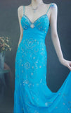 Spaghetti Strap Sheath Long Prom Dresses Beaded Chiffon Blue Evening Dresses HZ1024