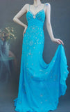Spaghetti Strap Sheath Long Prom Dresses Beaded Chiffon Blue Evening Dresses HZ1024