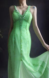 V neck Sheath Long Prom Dresses Beaded Chiffon Green Evening Dresses HZ1024