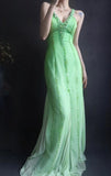 V neck Sheath Long Prom Dresses Beaded Chiffon Green Evening Dresses HZ1024