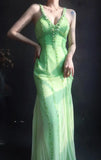 V neck Sheath Long Prom Dresses Beaded Chiffon Green Evening Dresses HZ1024