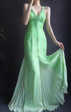 V neck Sheath Long Prom Dresses Beaded Chiffon Green Evening Dresses HZ1024