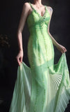 V neck Sheath Long Prom Dresses Beaded Chiffon Green Evening Dresses HZ1024