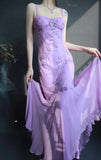 Spaghetti Strap Mermaid Long Prom Dresses Beaded Chiffon Lavender Long Evening Dresses HZ1024