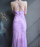 Spaghetti Strap Mermaid Long Prom Dresses Beaded Chiffon Lavender Long Evening Dresses HZ1024