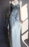 V Neck Sheath Long Prom Dresses Beaded Chiffon Evening Dresses HZ1024