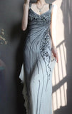 V Neck Sheath Long Prom Dresses Beaded Chiffon Evening Dresses HZ1024