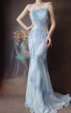 Strapless Mermaid Long Prom Dresses Beaded Chiffon Light Gray Blue Evening Dresses HZ1024