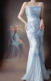 Strapless Mermaid Long Prom Dresses Beaded Chiffon Light Gray Blue Evening Dresses HZ1024