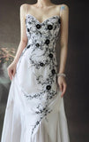 Spaghetti Strap A-Line Long Prom Dresses Chiffon Applique White Open Back Evening Dresses HZ1024