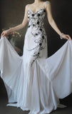 Spaghetti Strap A-Line Long Prom Dresses Chiffon Applique White Open Back Evening Dresses HZ1024
