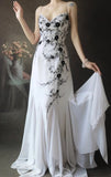 Spaghetti Strap A-Line Long Prom Dresses Chiffon Applique White Open Back Evening Dresses HZ1024
