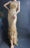 Spaghetti Strap Bodycon Long Prom Dresses Taffeta Gold Evening Dresses HZ1024