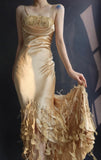 Spaghetti Strap Bodycon Long Prom Dresses Taffeta Gold Evening Dresses HZ1024