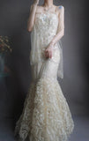 Spaghetti Strap Mermaid Long Prom Dresses Beaded Tulle Sequin Evening Dresses HZ1024