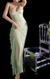 Spaghetti Strap Sheath Long Prom Dresses Chiffon Green Wedding Guest Dresses HZ1024