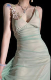 Spaghetti Strap Sheath Long Prom Dresses Chiffon Green Wedding Guest Dresses HZ1024
