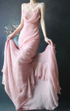 Spaghetti Strap Sheath Long Prom Dresses Chiffon Dusty Pink Evening Dresses HZ1024