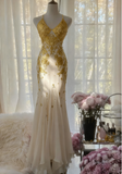 Spaghetti Strap Mermaid Long Prom Dresses Chiffon Applique Gold Formal Dresses HZ1024
