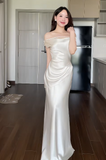Off-the-shoulder Sheath Wedding Guest Dresses Satin Ivory Evening Dresses HZ1024
