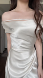 Off-the-shoulder Sheath Wedding Guest Dresses Satin Ivory Evening Dresses HZ1024