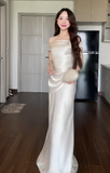 Off-the-shoulder Sheath Wedding Guest Dresses Satin Ivory Evening Dresses HZ1024