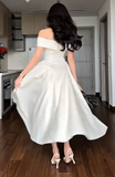 Off-the-shoulder A-Line Wedding Guest Dresses Satin Light Champagne Birthday Dresses HZ1024