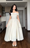 Off-the-shoulder A-Line Wedding Guest Dresses Satin Light Champagne Birthday Dresses HZ1024