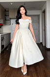 Off-the-shoulder A-Line Wedding Guest Dresses Satin Light Champagne Birthday Dresses HZ1024
