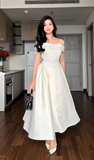 Off-the-shoulder A-Line Wedding Guest Dresses Satin Light Champagne Birthday Dresses HZ1024