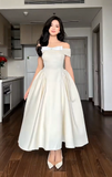 Off-the-shoulder A-Line Wedding Guest Dresses Satin Light Champagne Birthday Dresses HZ1024