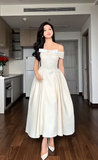 Off-the-shoulder A-Line Wedding Guest Dresses Satin Light Champagne Birthday Dresses HZ1024