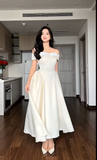 Off-the-shoulder A-Line Wedding Guest Dresses Satin Light Champagne Birthday Dresses HZ1024