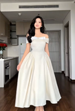 Off-the-shoulder A-Line Wedding Guest Dresses Satin Light Champagne Birthday Dresses HZ1024