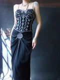 Spaghetti Strap Sheath Wedding Guest Dresses Black Birthday Dresses Chiffon Beaded Formal Dresses HZ1024