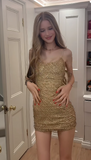 Gold Homecoming Dresses, Spaghetti Strap Bodycon Short Prom Dresses, Beaded Birthday Dresses HZ1024
