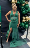 Jewel Sheath Dark Green Long Prom Dresses Satin Appliques Dark Green Evening Gowns with Slits HZ1024