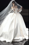 Off-the-shoulder Ball Gown White Wedding Dress with Applique Satin Bridal Dress Elegant Long-sleeved Bridal Gown HZ1024